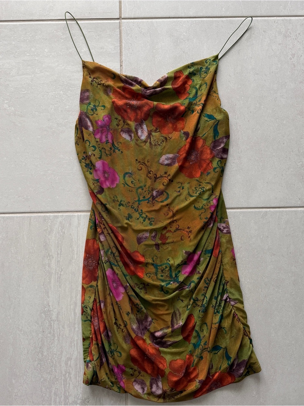 wild fable Olive Floral Cowl Slip Dress with Bright Floral Accents